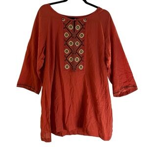 Dana Buchman 100% cotton boho embroidered tunic top in orange XL
